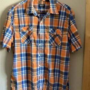 IZOD Men's Orange Blue Plaid Short Sleeve Cotton Button-Down Shirt Size L